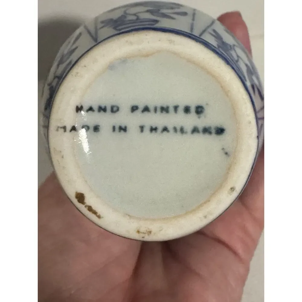 Vintage Hand Painted Vase Blue/white Cottagecore Thailand